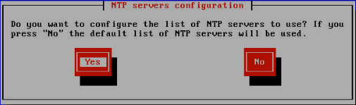 Configuration screen for NTP servers with options to configure or use default servers.