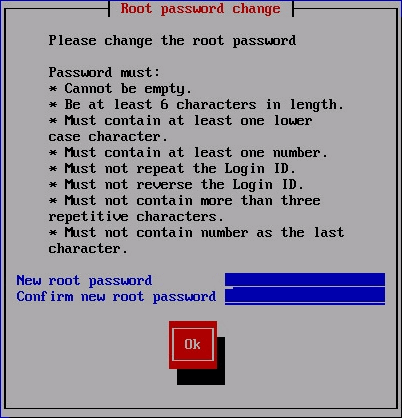 Password change prompt for root user in a text-based interface listing requirements like length, characters, and restrictions.