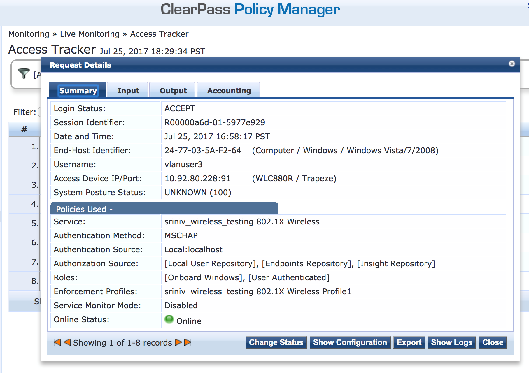 ClearPass Policy Manager Access Tracker screenshot showing an ACCEPTED authentication request for user vlanuser3 on July 25, 2017. System posture UNKNOWN, online status indicated by green dot.