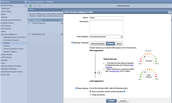 Configuration interface for creating Security Intelligence Profile in network security management system, with options for blocking malicious traffic based on threat intelligence.