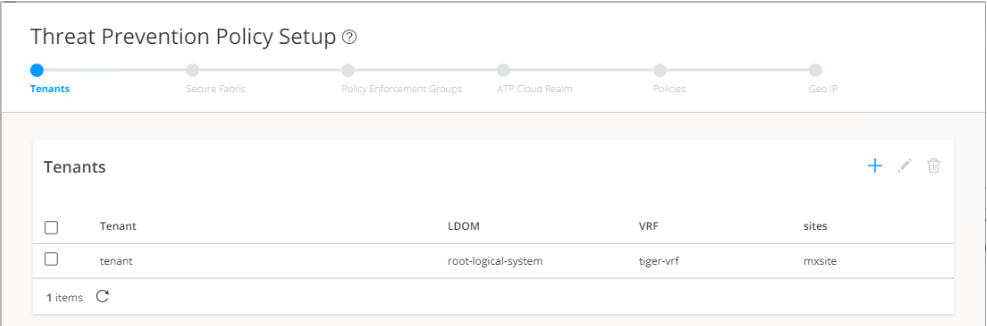 Threat Prevention Policy Setup interface step Tenants. Table lists tenants with columns: Tenant, LDOM, VRF, Sites. Options to add, edit, delete entries.