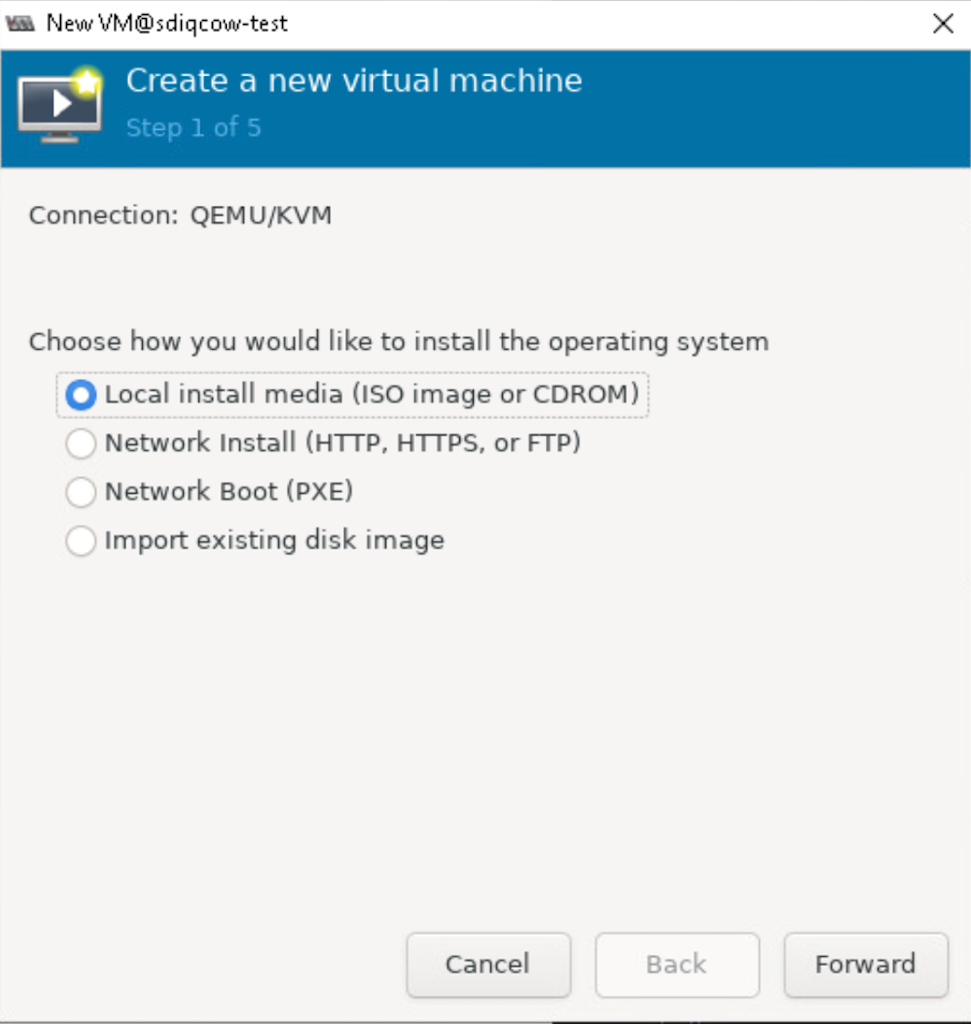 Creating a new virtual machine dialog in QEMU/KVM at Step 1 of 5 with Local install media option selected.