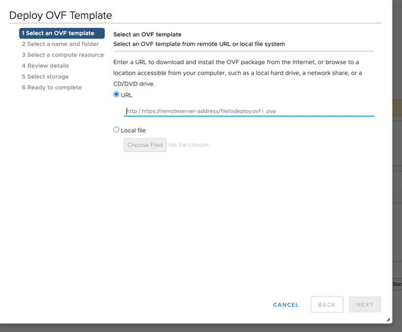 Deploy OVF Template wizard showing step 1 Select an OVF template with URL option selected and sample URL provided.