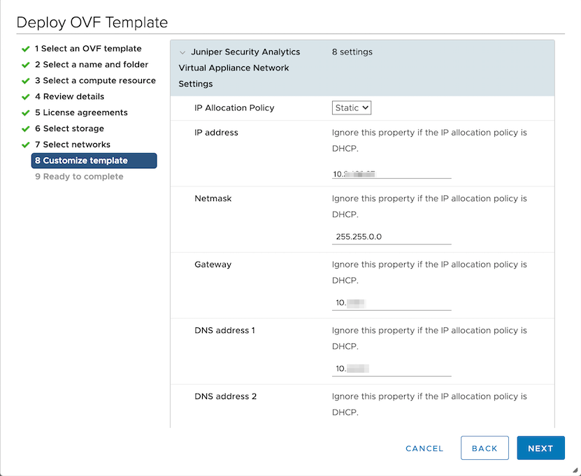 Step 8 Customize template for Juniper Security Analytics; configure static IP, netmask 255.255.0.0, gateway and DNS; options to Cancel, Back, or Next.