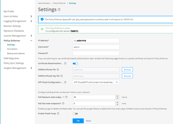 Settings page for Policy Enforcer configuration with fields for IP address, username, password, certificate files upload, ATP Cloud option, polling settings, and feeds purge toggle.