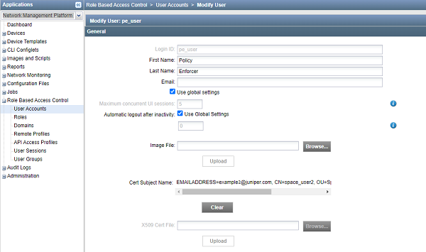 User account modification interface with fields for Login ID, First Name, Last Name, Email, and more in a network management platform.