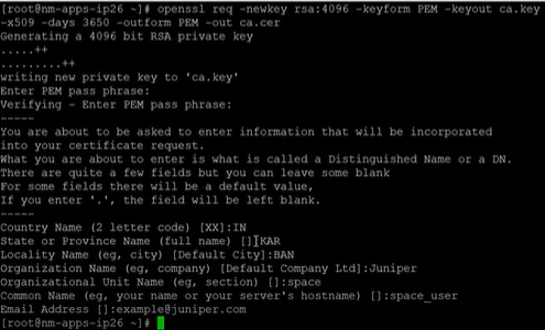 Terminal window shows generating RSA private key and CSR using OpenSSL with command for 4096-bit key. User enters passphrase and CSR details.