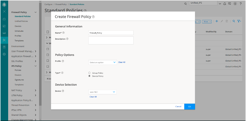User interface for creating a firewall policy with fields for name and description, policy options, device selection, navigation menu, and buttons for Cancel and OK.