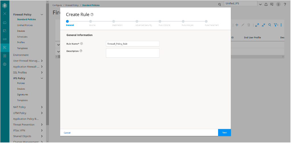 User interface for creating a firewall rule in software. Current step is General, with Rule Name and Description fields. Options to Cancel or Next. Sidebar lists policy categories like Firewall Policy and NAT Policy.