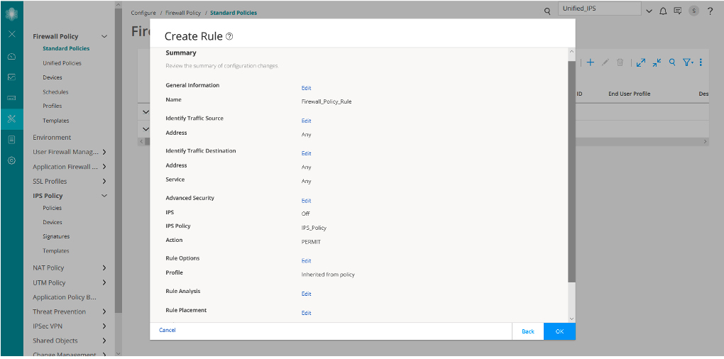 Configuration interface for creating a firewall rule. Rule name: Firewall_Policy_Rule. Traffic source and destination set to Any. IPS off. IPS policy: IPS_Policy. Action: PERMIT. Navigation buttons: Cancel, Back, OK.