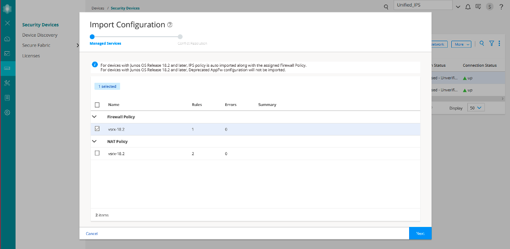 Import Configuration screen for Juniper Networks managing firewall and NAT policies, displaying policy list, selection checkboxes, and navigation buttons.
