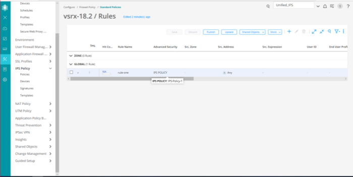 Juniper Networks vSRX firewall policy configuration screen with navigation panel, rule details, and toolbar for saving and publishing changes.