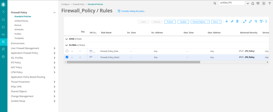 User interface for managing firewall policies, showing the Firewall Policy Rules section with navigation menu, list of rules, toolbar, and search bar.