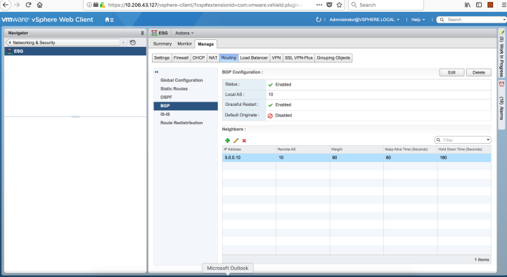 VMware vSphere Web Client showing BGP settings for ESG with BGP enabled, Local AS 10, and neighbor IP 5.0.0.10 with Remote AS 10.