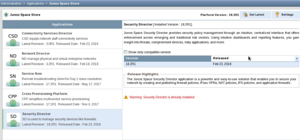 Junos Space Store interface showing application list with descriptions and release details. Security Director version 18.2R1 installed.