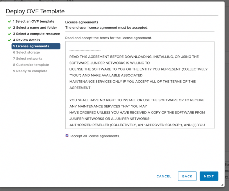 License agreements step for deploying OVF template. User must accept Juniper Networks EULA to proceed. Options include Cancel, Back, and Next. Step 5 highlighted in progress bar.