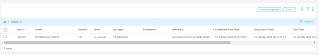 Job management interface showing completed restore job ID 393537 with 100 percent success on pcDE 393537.