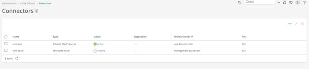 Connectors interface listing AWS as active with IP aws.amazon.com and Azure as inactive with IP management.azure.com. Options to add connectors and selection checkboxes.