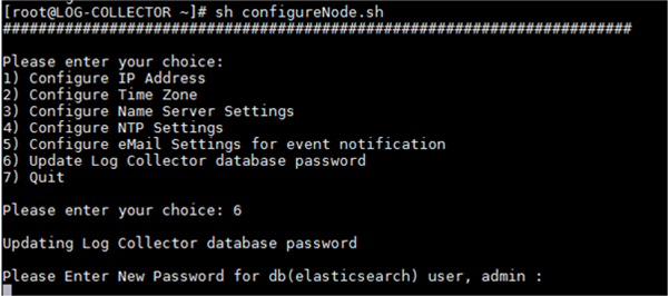 Terminal showing a script menu for configuring log server settings; user selects to update database password.