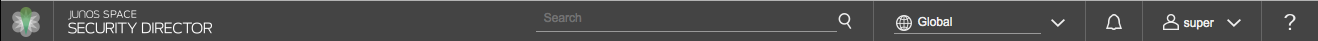 Top navigation bar of Junos Space Security Director with logo, search bar, global dropdown, notification bell, user profile, and help icon.