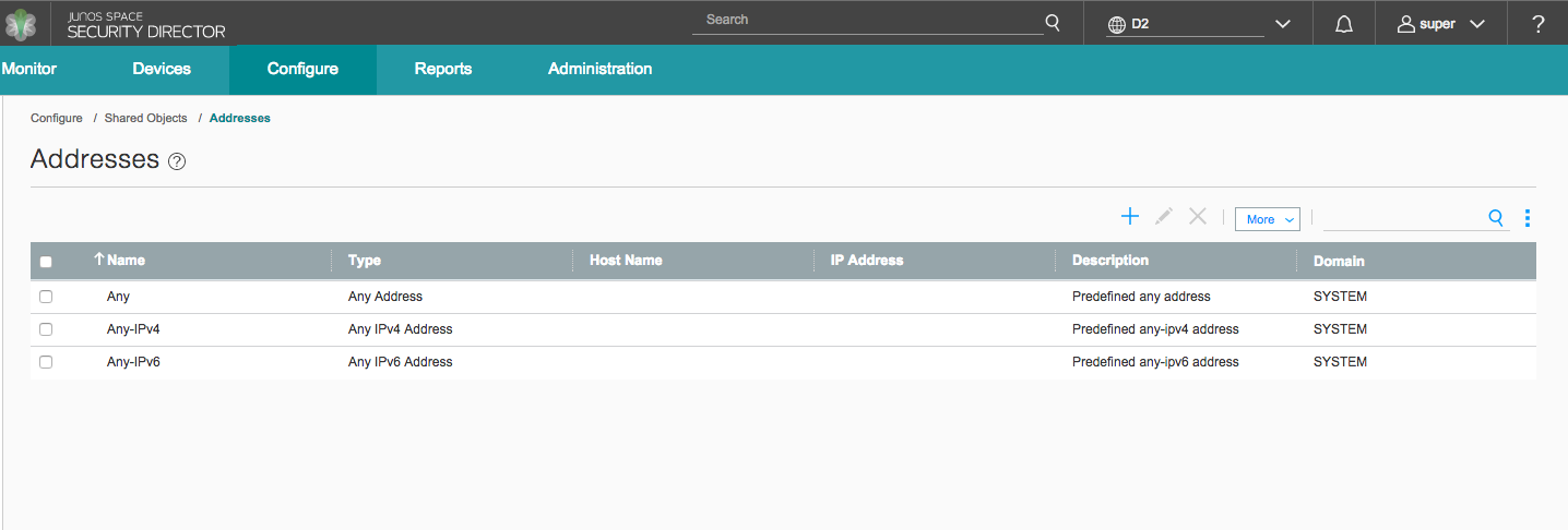 Junos Space Security Director interface showing Addresses section. Displays predefined address objects with columns for Name, Type, Host Name, IP Address, Description, and Domain. Options to add, edit, or delete objects.