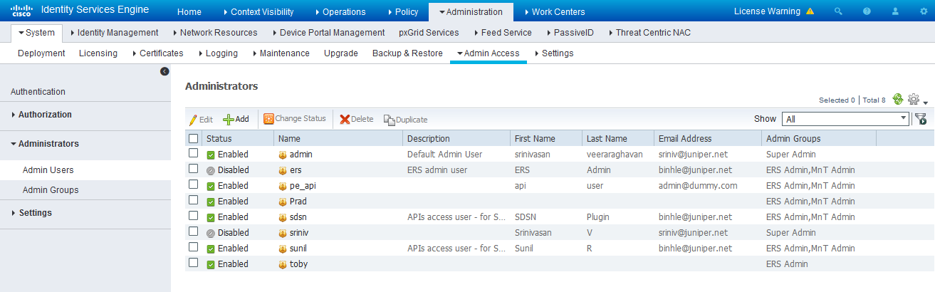 Cisco ISE interface showing Admin Access menu. Administrators section lists users, details, and action buttons for managing access rights.