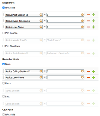 Configuration interface for managing RADIUS attributes and actions with options for Disconnect, Re-authenticate, and CoA Push.