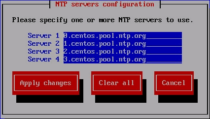 Configuration screen for NTP servers in CentOS. Lists four servers for time sync. Buttons: Apply changes, Clear all, Cancel.