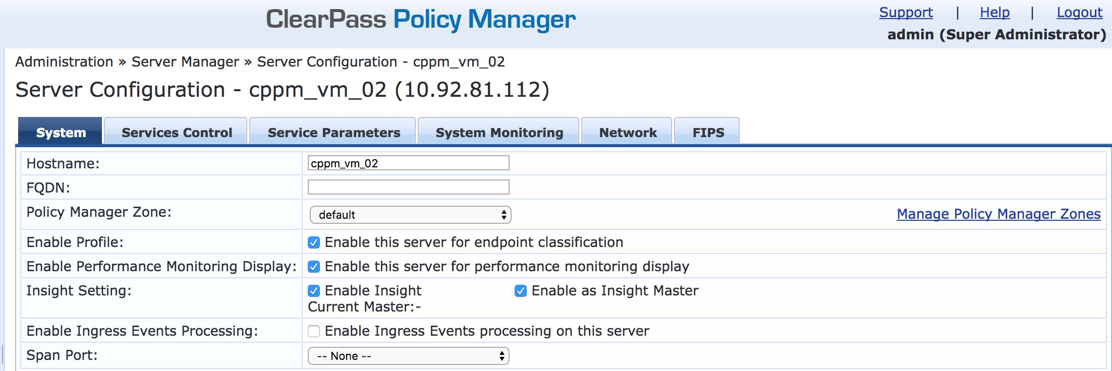 Screenshot of ClearPass Policy Manager's Server Configuration page for cppm_vm_02 with IP 10.92.81.112 showing System tab, hostname, zone, and checked checkboxes for performance and Insight Master.