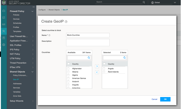 Create GeoIP interface for network security management; name and describe GeoIP objects, select countries for blocking, navigate firewall options.