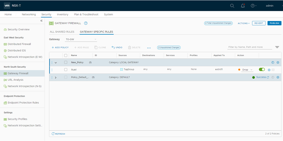 VMware NSX-T Gateway Firewall interface showing rule configuration table with details like Name, ID, Sources, Destinations, Services, Profiles, Applied To, and Action. Unpublished changes present with options to Revert or Publish.