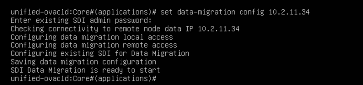CLI session showing data migration setup with IP 10.2.11.34. User enters SDI admin password. System checks connectivity, configures local and remote access, saves settings. SDI Data Migration ready.