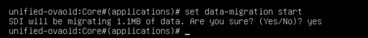 Command-line interface showing a data migration command. User confirms migrating 1.1MB of data.