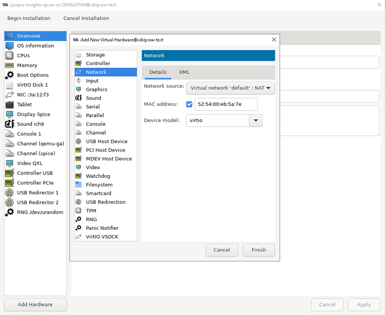 Virtual machine network configuration interface with Network tab open, showing Virtual network default: NAT, MAC address, and virtio device model.