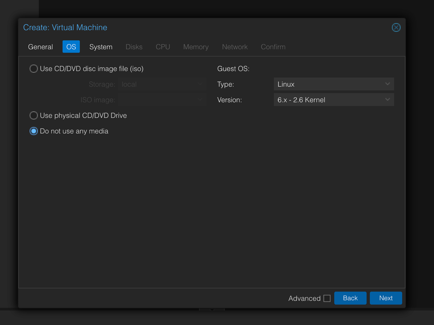 Configuration screen for virtual machine setup, showing OS tab. Media option: Do not use any media, Guest OS: Linux 6.x - 2.6 Kernel. Back and Next buttons visible.