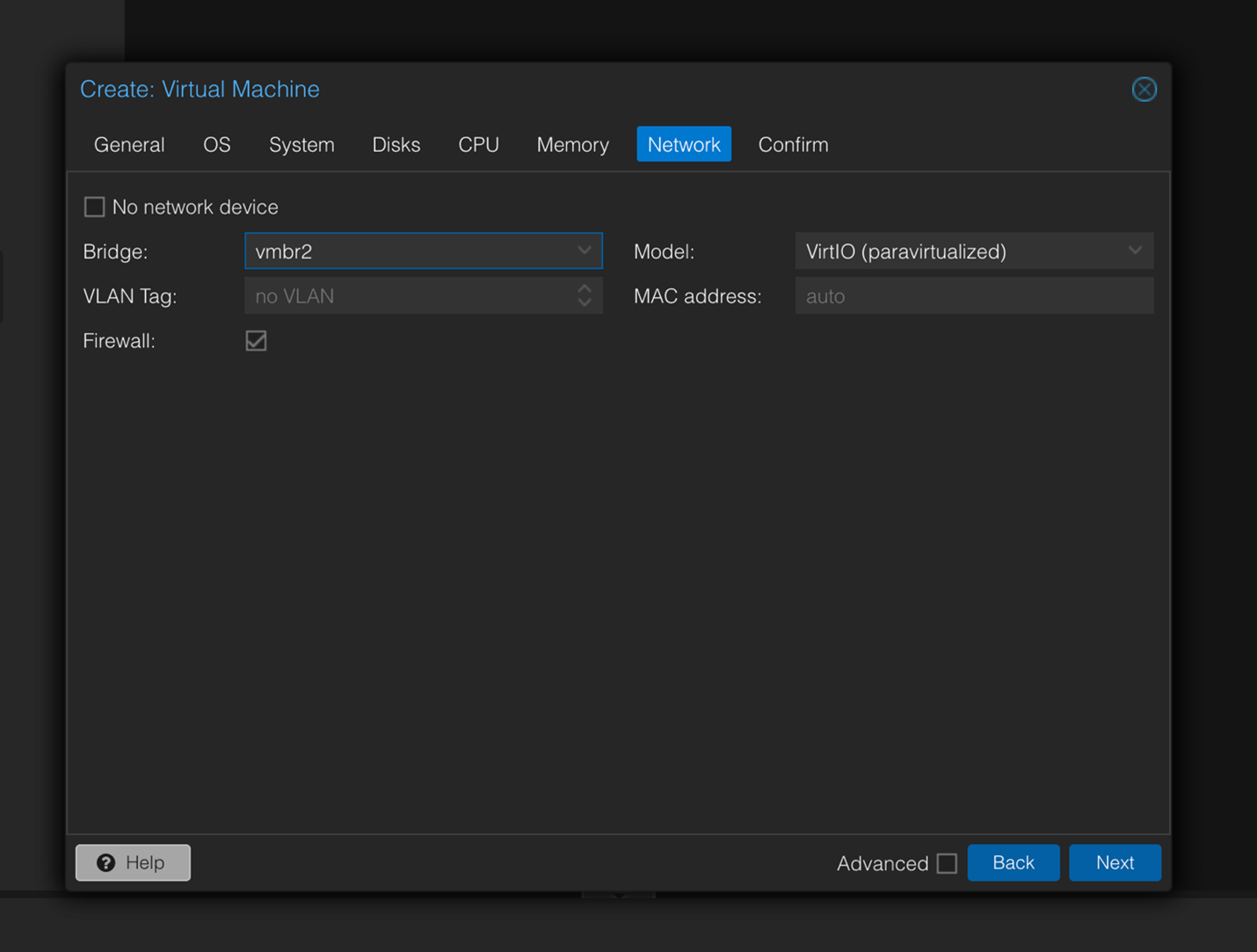Network settings tab for virtual machine creation: select network bridge vmbr2, VirtIO adapter, no VLAN, auto MAC, firewall enabled.