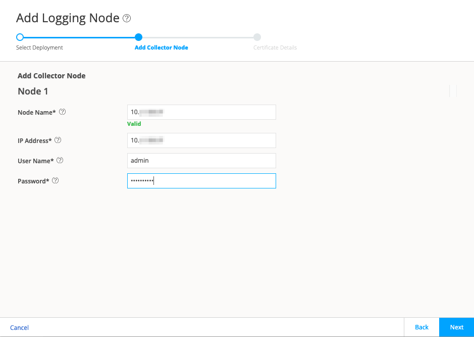 Add Logging Node interface with title, progress bar on Add Collector Node step, Node Name field with Valid status, IP Address, User Name pre-filled as admin, Password field masked, and buttons Cancel, Back, and Next.