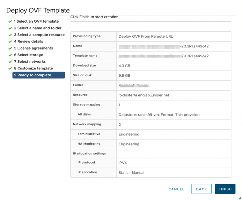 Final step in deploying OVF template in VMware vSphere; summary of configuration settings before completing deployment.