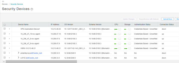 Security Devices interface showing device names, IPs, OS versions, schema mismatches, CPU and storage usage, authentication, and connection status.