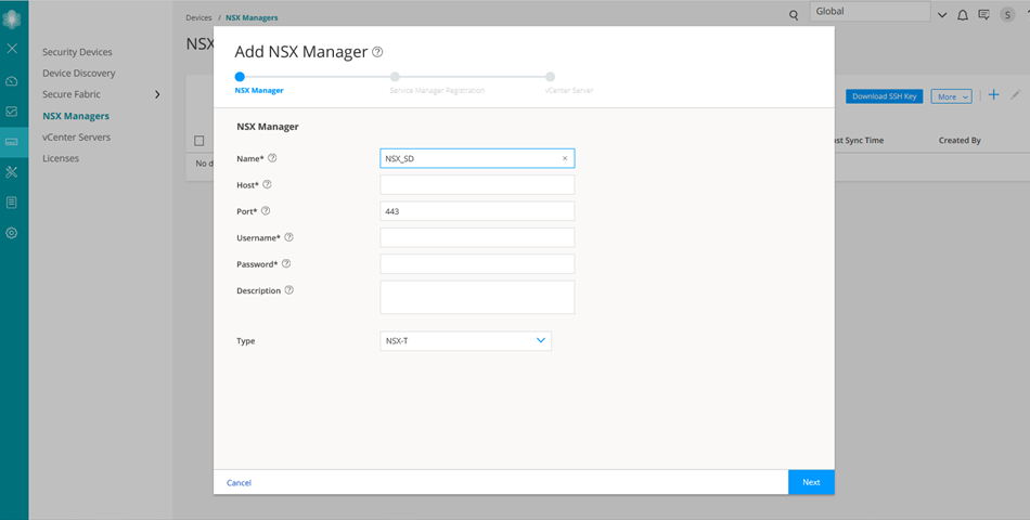 User interface for adding NSX Manager with fields for Name, Host, Port, Username, Password, and Description. Type set to NSX-T. Options to Cancel or proceed to Next at bottom.
