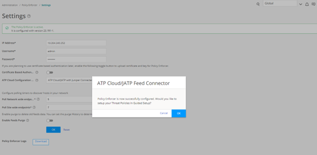 Security system settings page with fields for IP address, username, password, and options for certificate authentication and ATP CloudJATP configuration. Pop-up message asks to set up Threat Policies in Guided Setup with Cancel or OK options. Buttons for downloading logs and resetting configurations are present.