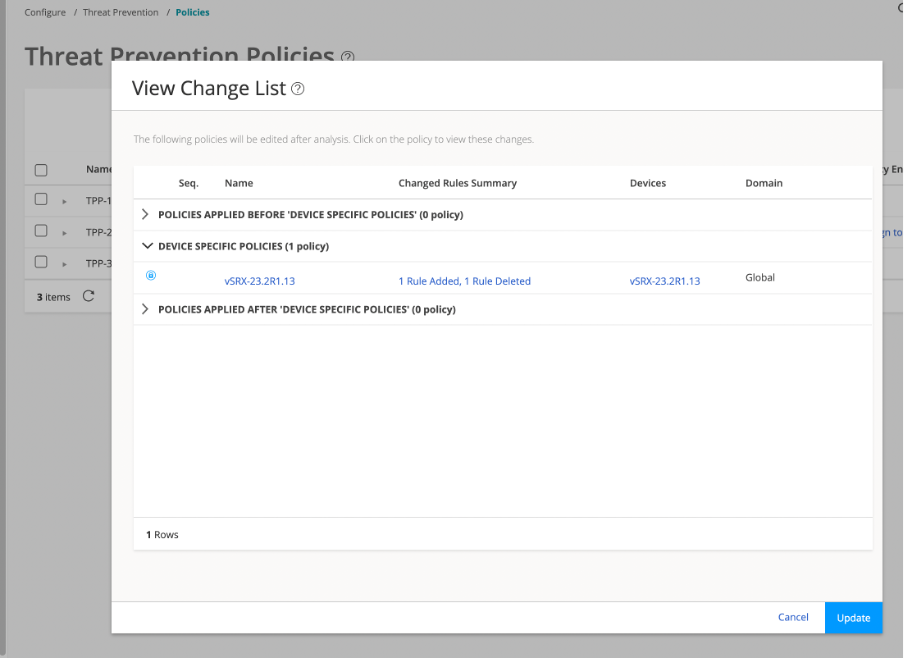 View Change List dialog showing no policies before or after Device Specific Policies; 1 rule added and 1 deleted for vSRX-23.2R1.13 in Global domain.