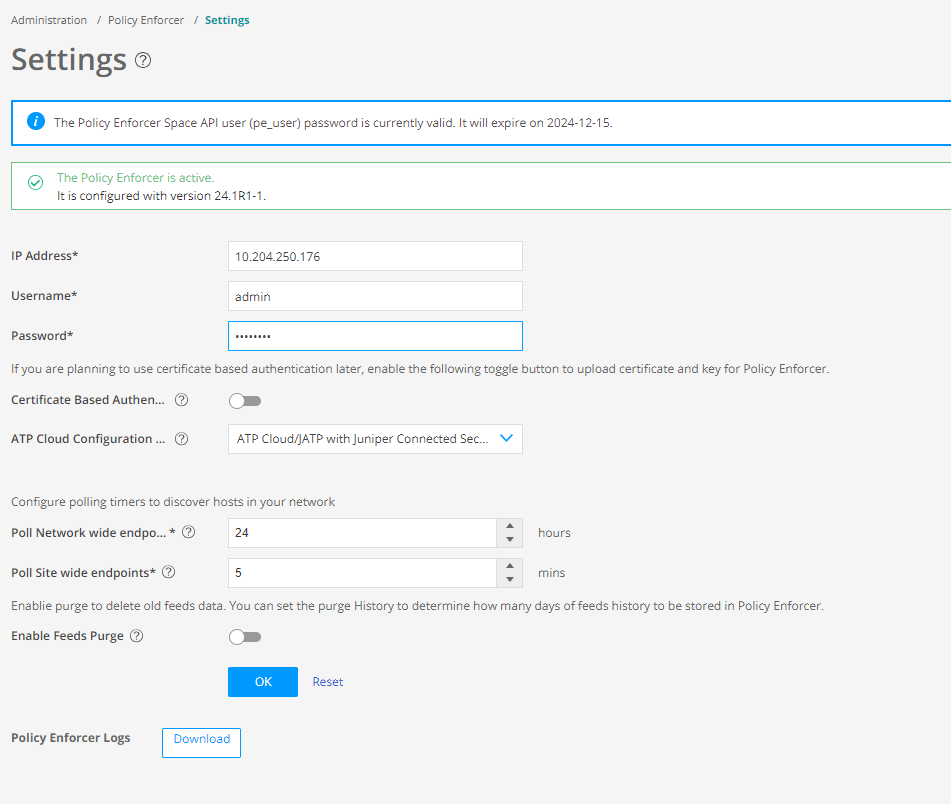 Policy Enforcer settings page showing status, configuration fields, and options for certificate-based authentication, ATP Cloud, polling timers, and action buttons.