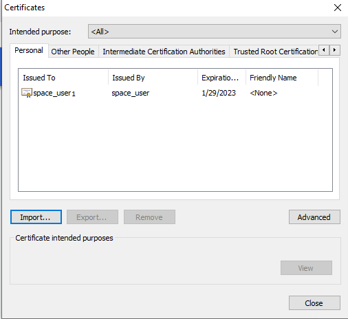 Certificates management window in Windows showing tabs for categorizing certificates, details of a certificate issued to space_user1, and options like Import, Export, Remove, and Advanced for managing certificates.