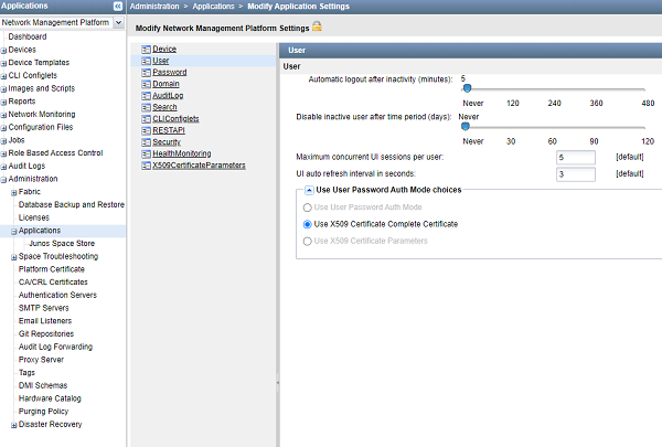 Configuration interface for network management platform with user settings like automatic logout, session limits, and authentication modes.