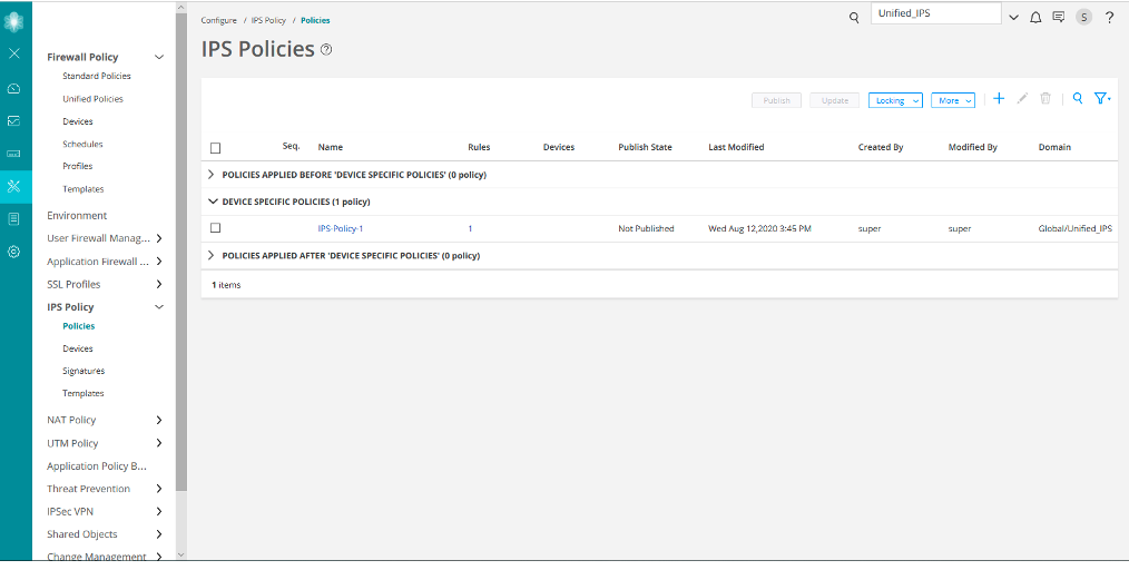 Screenshot of IPS Policies configuration interface in a network security system, showing policy creation and management options with one existing policy, IPS-Policy-1.