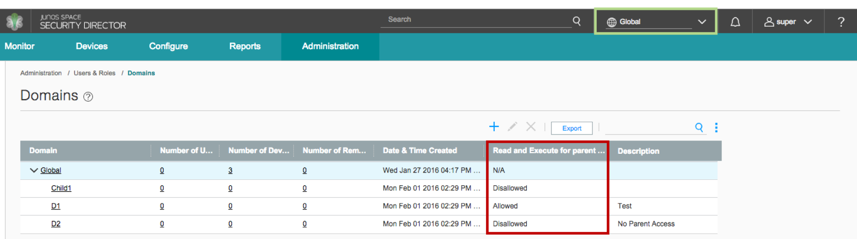 Junos Space Security Director interface showing Domains under Administration with Global domain highlighted. Table lists domains, users, devices, remote users, creation date, parent domain permissions, and descriptions. Global domain selected, read and execute permissions column emphasized. Action buttons for add, edit, export visible.
