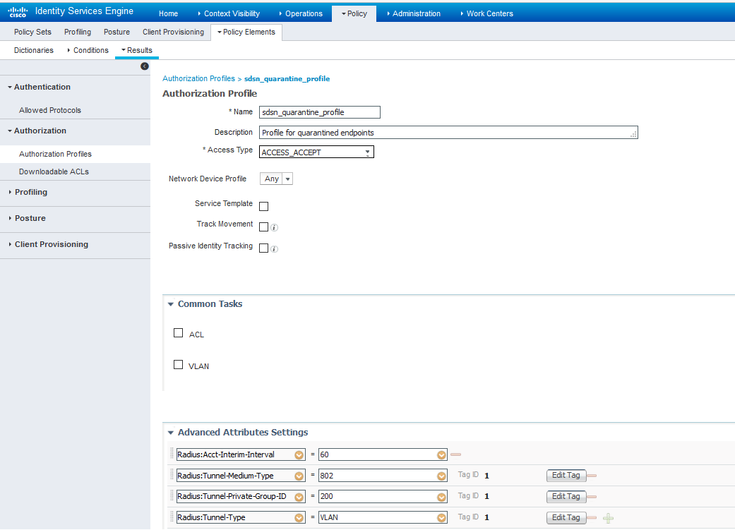 Cisco ISE Authorization Profile sdsn_quarantine_profile for quarantined endpoints with RADIUS attributes and no ACL or VLAN configured.