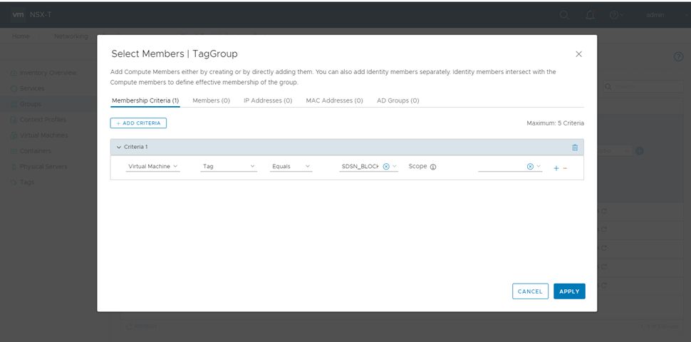 VMware NSX-T interface showing Select Members TagGroup configuration to define Virtual Machines with tag SDSN_BLOCK.