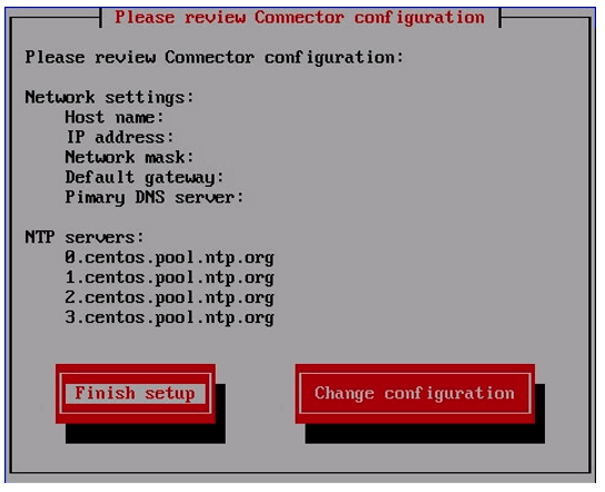 Configuration review screen showing network settings, NTP servers, and buttons for finish setup and change configuration.